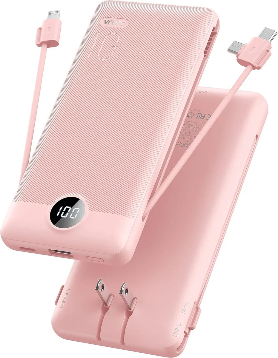 WOOJONG WOOJONG 10000mAh Power Bank with Built-in Cables &amp; AC Plug Pink — product photo