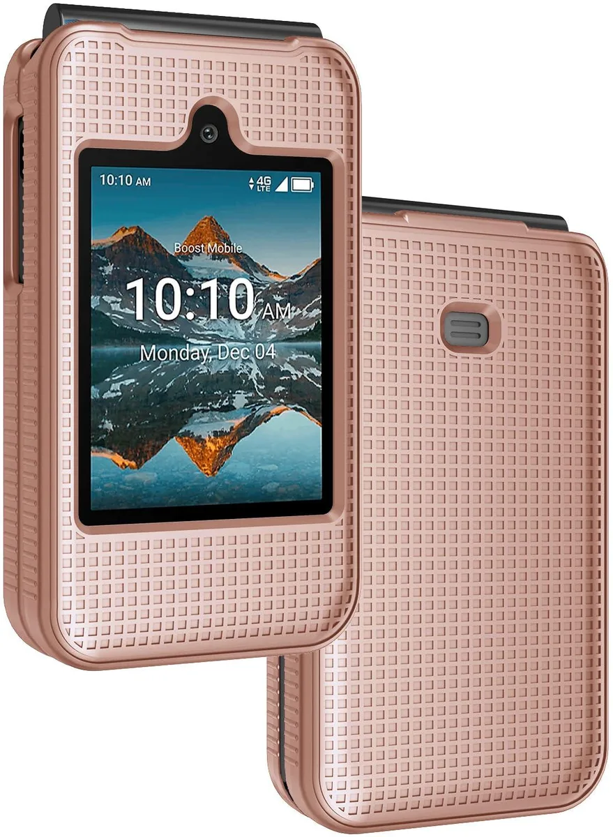 Rose gold flip-phone case with grid texture, matte finish, ribbed sides, snap-on hard shell