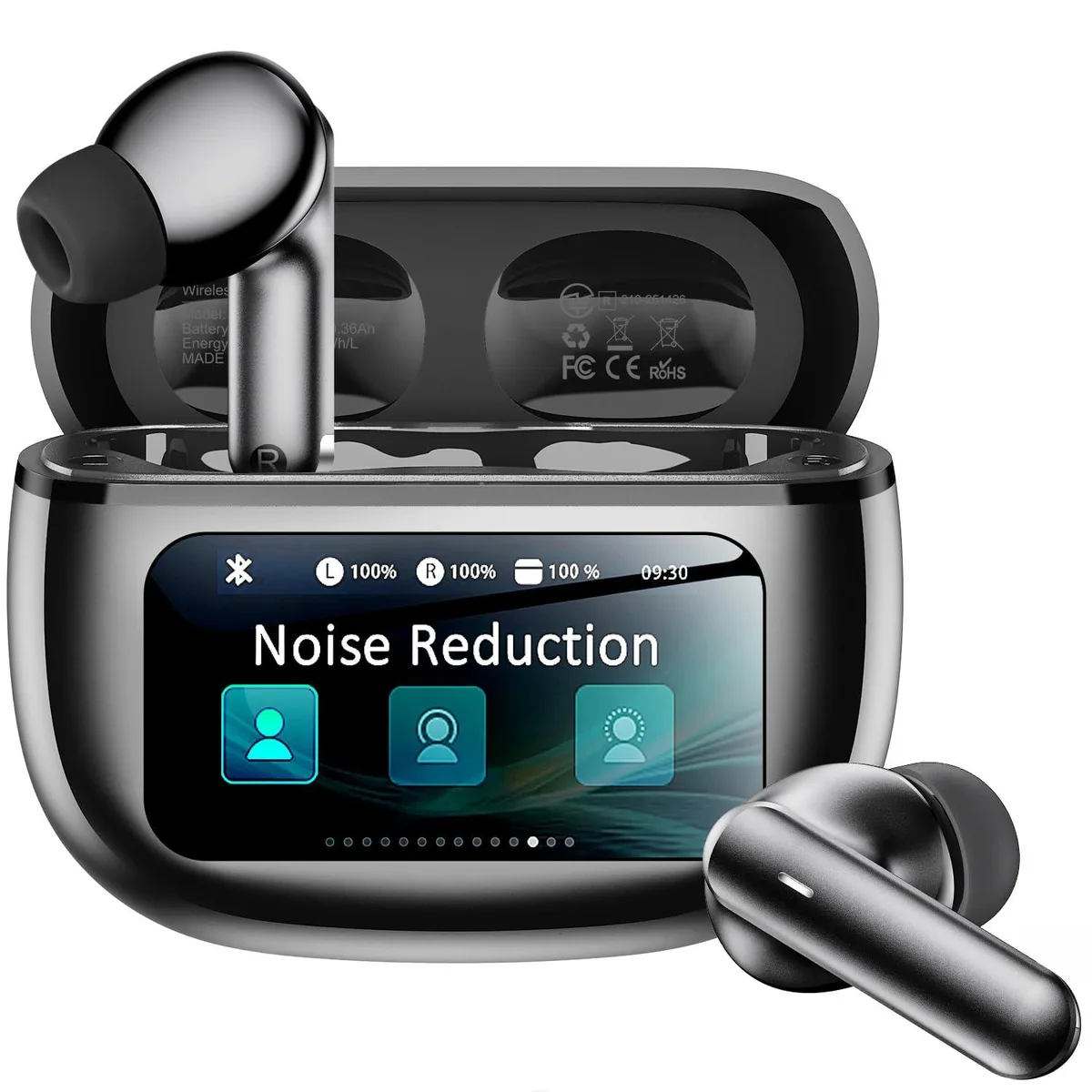 No Sew No Sew T27 wireless earbuds with smart touchscreen case, Bluetooth 6.0, 40H playtime, black — product photo