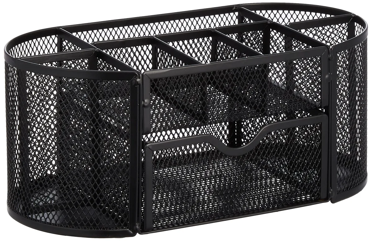 Black powder-coated metal mesh desk organizer with pen holder and pullout drawer