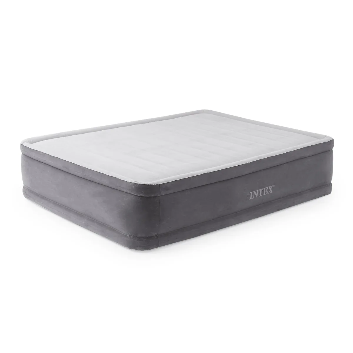 Black queen-size inflatable airbed with built-in pump, raised 18 inches high