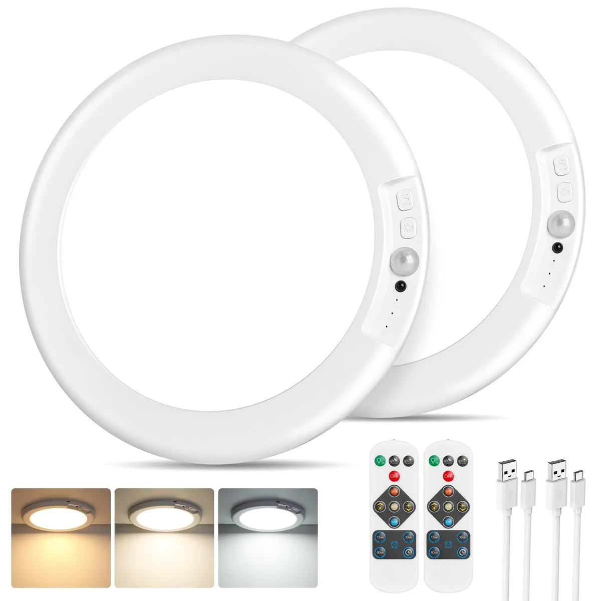 Two white round acrylic ceiling lights with clear prismatic glass and magnetic mounts