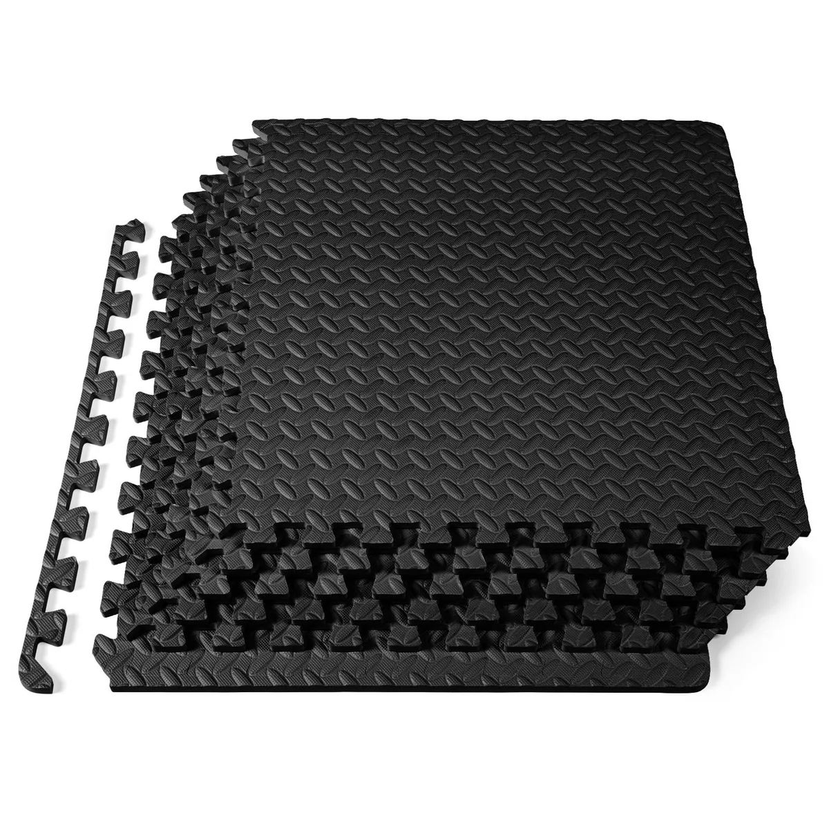 Six black EVA foam tiles with interlocking edges and textured surface