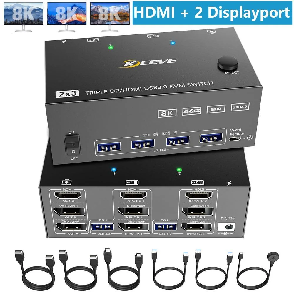 WRIARICH WRIARICH KVM Switch 3 Monitors 2 Computers DP 1.4 HDMI 2.1 8K@60Hz 4K@144Hz 4 USB 3.0 — product photo