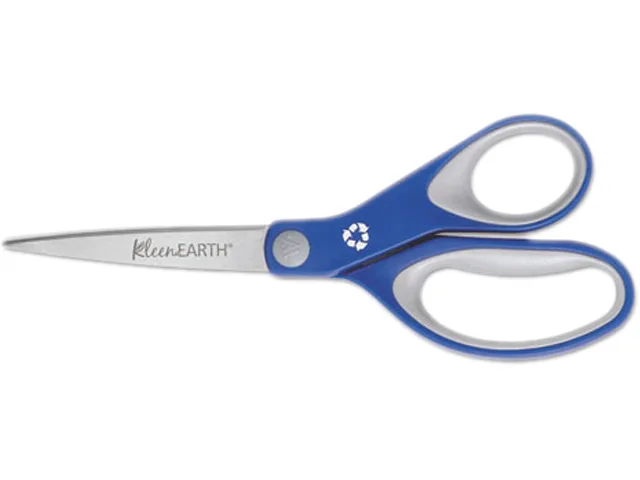 Westcott 8 inch scissors with blue and grey recycled cushioned handles and stainless steel blades