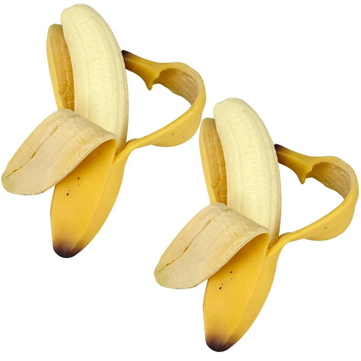 Two yellow banana-shaped squishy toys, soft plush finish