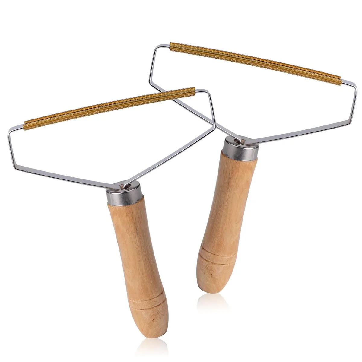 Two wooden-handled lint removers with metal blades, compact and lightweight