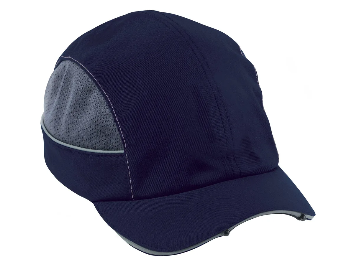 Navy bump cap with short brim and built-in LED lighting