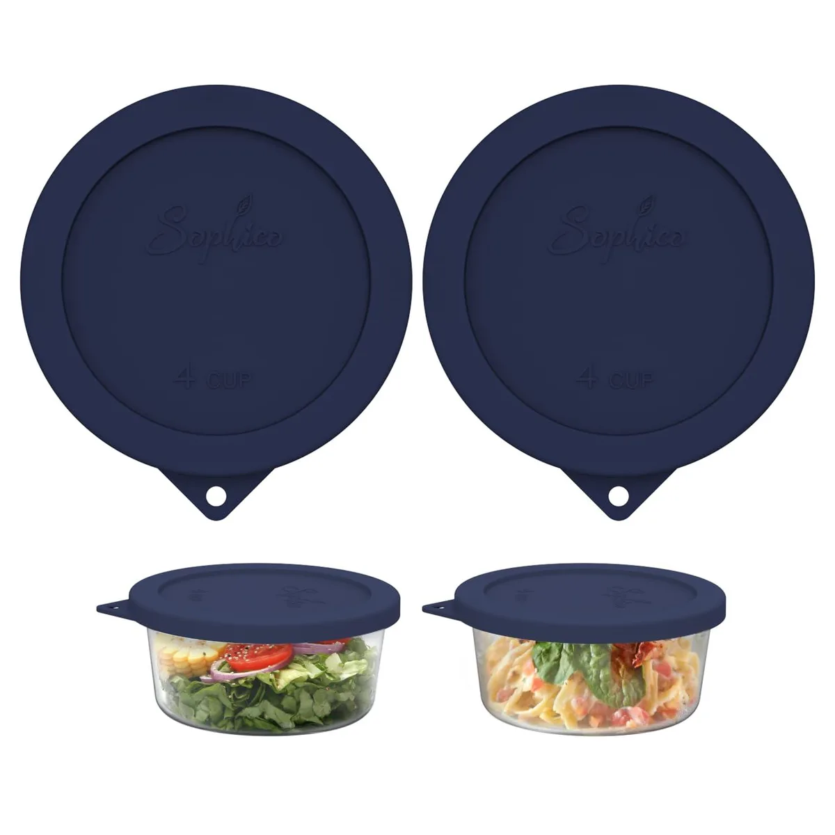 Two navy blue round silicone lids with hanging holes