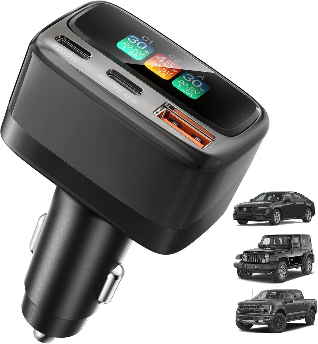 Leelbox Leelbox 105W USB-C Car Charger with Digital Color Display 3-Port + 3ft Cable — product photo