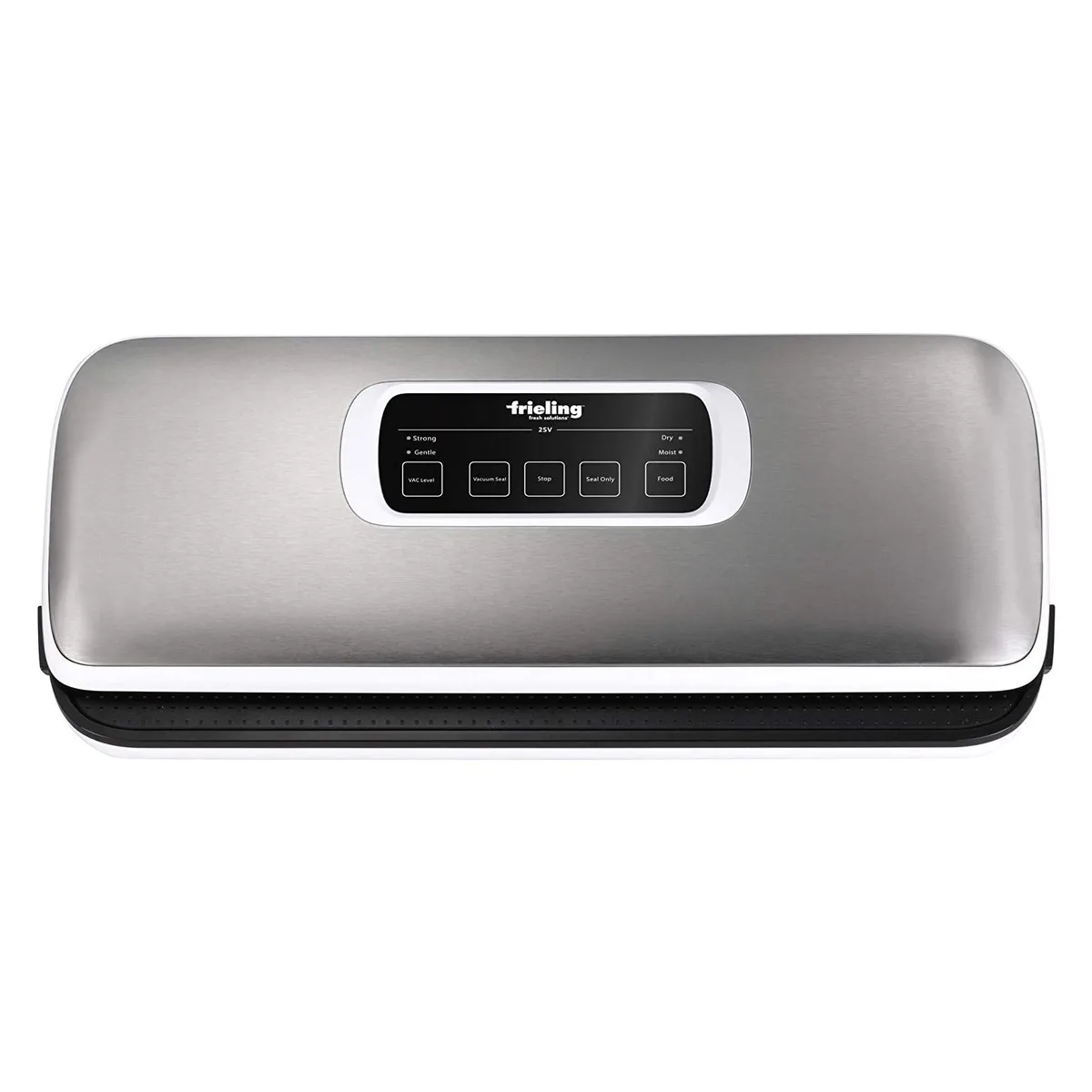 Silver countertop vacuum sealer with lid open showing vacuum chamber