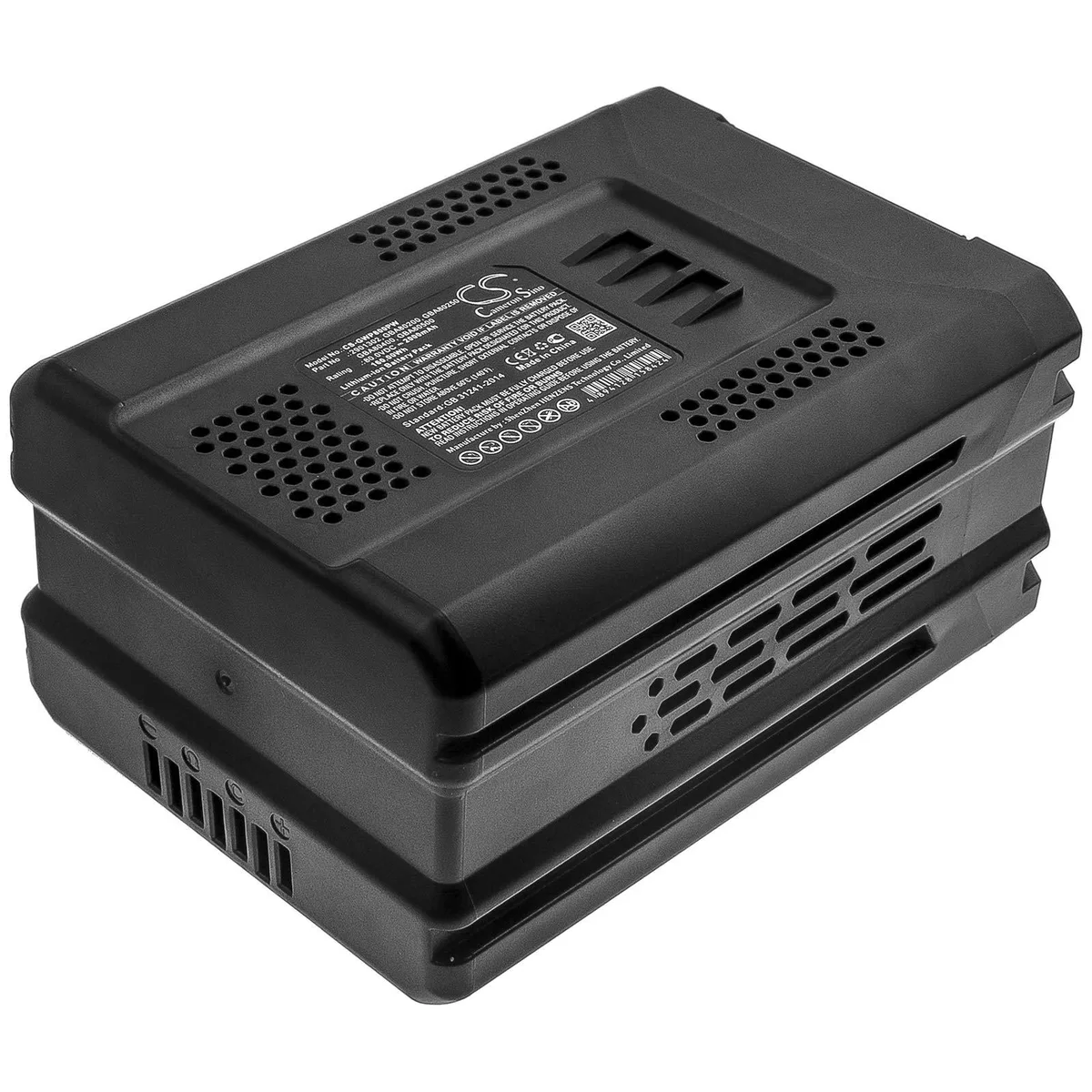 Rectangular black power-tool battery with terminal contacts and Greenworks branding