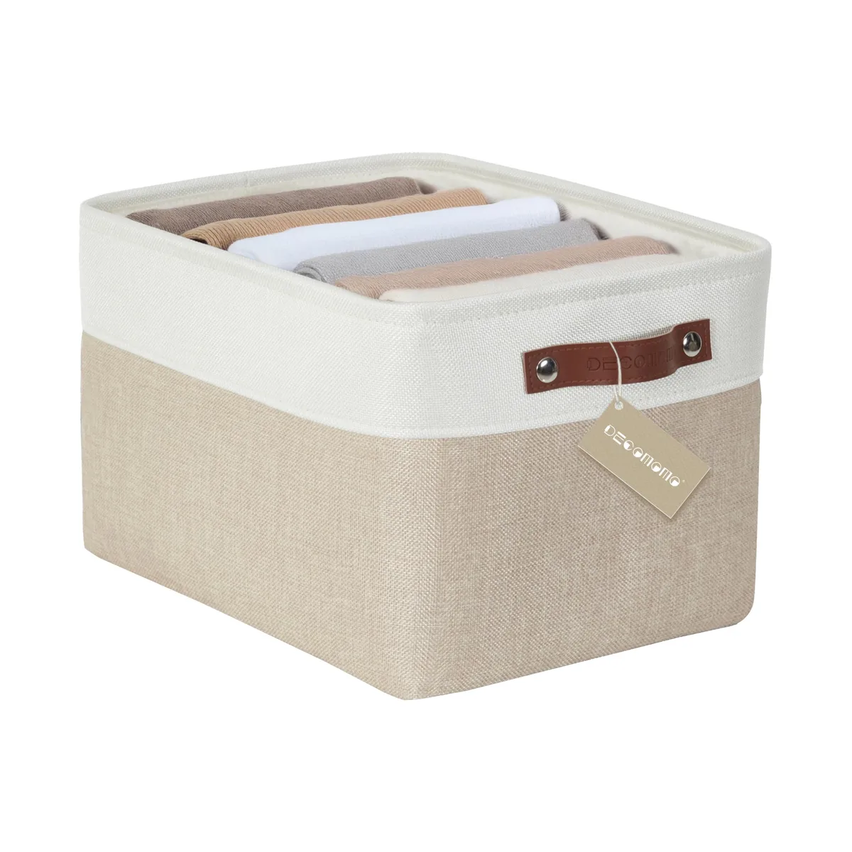 Rectangular fabric storage basket with faux leather handles, light grey finish