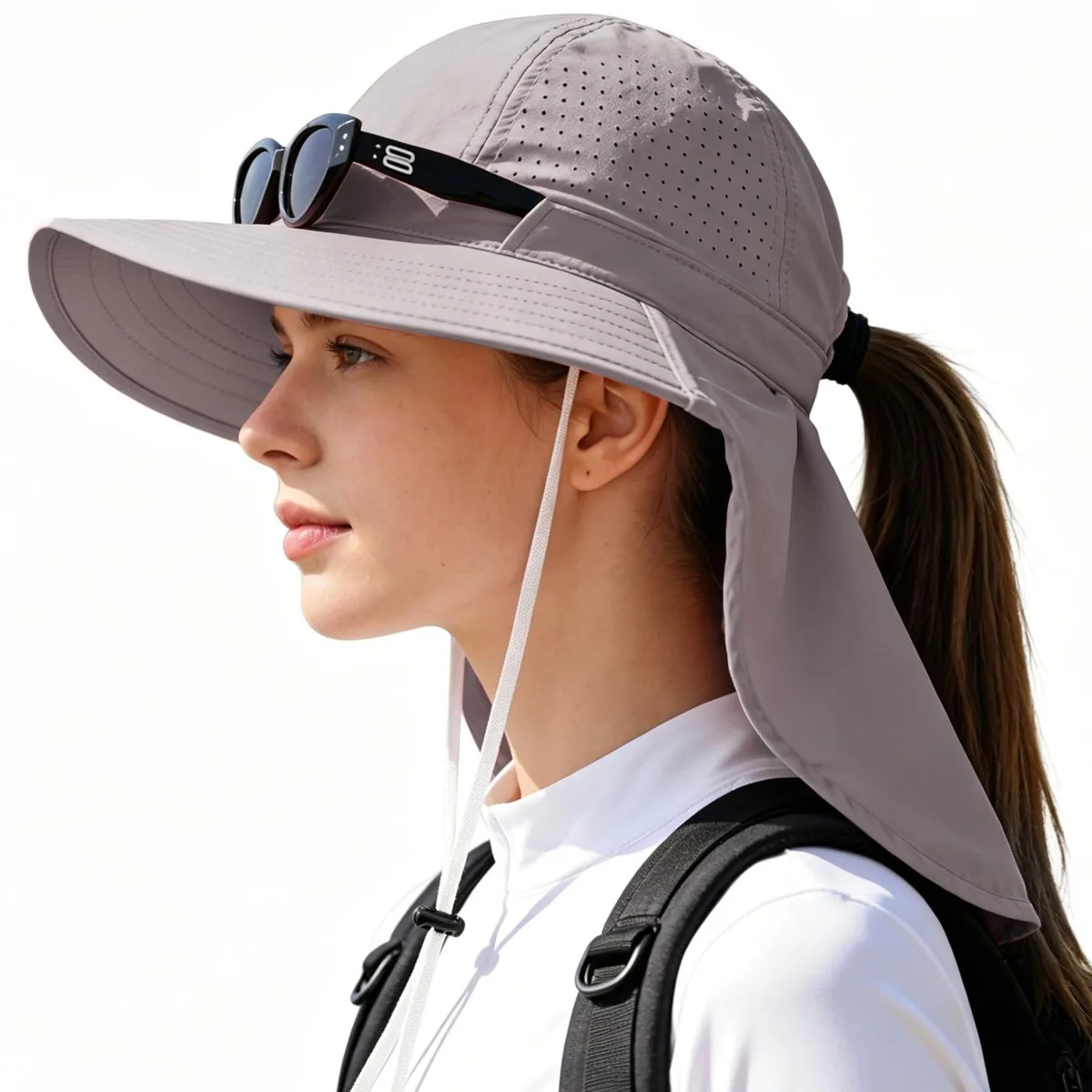  Ponytail Hat ponytailhat-0417-Light Grey UPF50+ 3.54" brim 7.87" neck flap — product photo