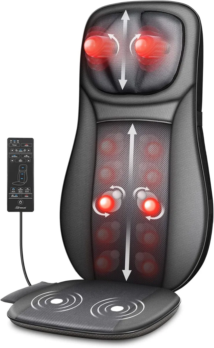 Grey fabric seat cushion with adjustable neck massage nodes and back shiatsu rollers, secured by straps