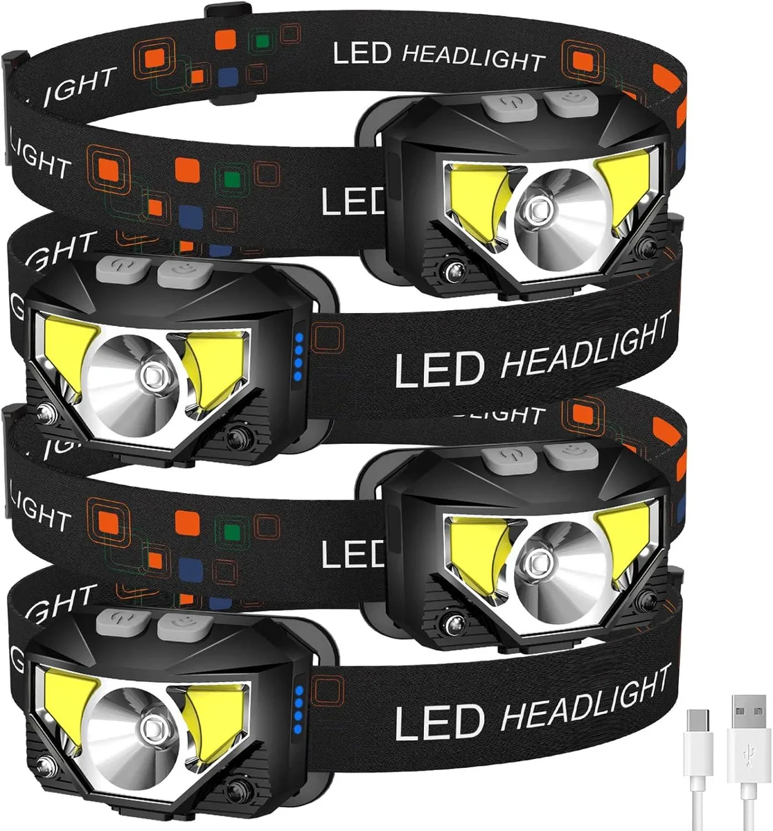 Four lightweight rechargeable headlamps in black with adjustable elastic straps and tilting LED modules
