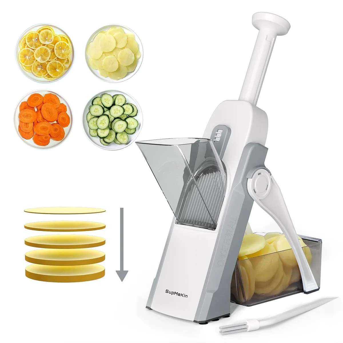 Grey mandoline slicer with built-in blades, adjustable thickness dial and non-slip base