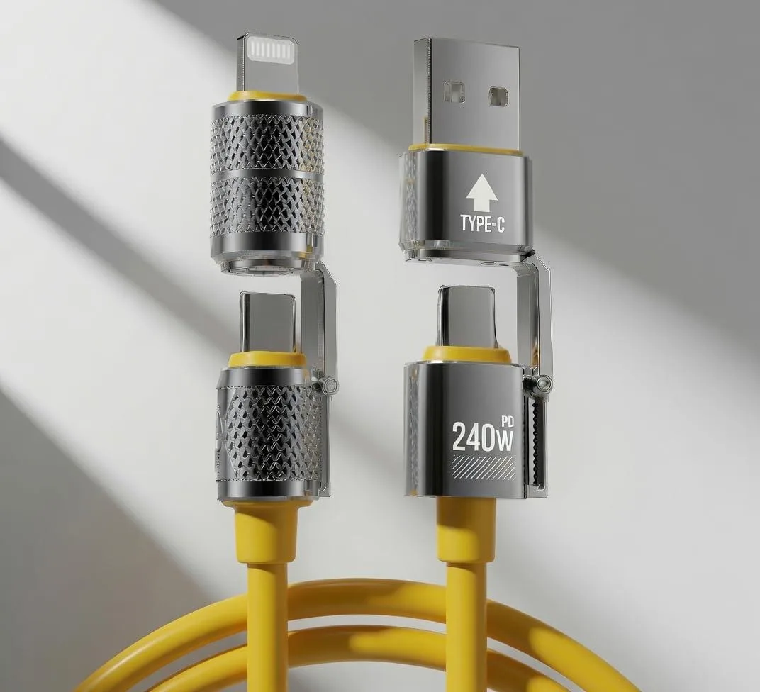 Yellow 41-inch multi-connector cable with USB-A two USB-C and Lightning tips
