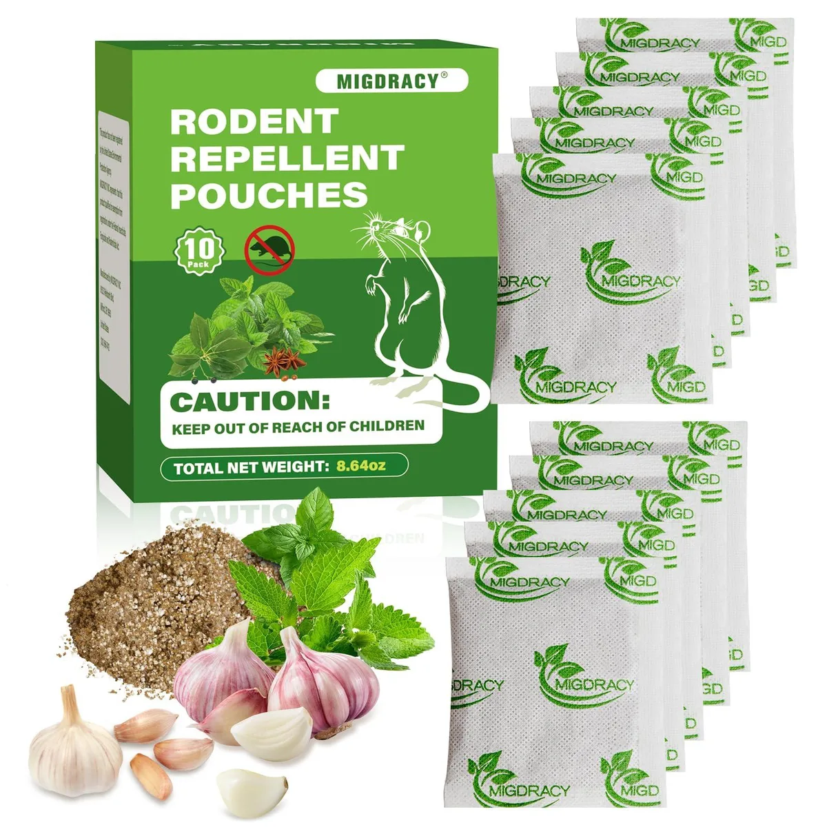 Ten small fabric sachets containing peppermint oil pest repellent