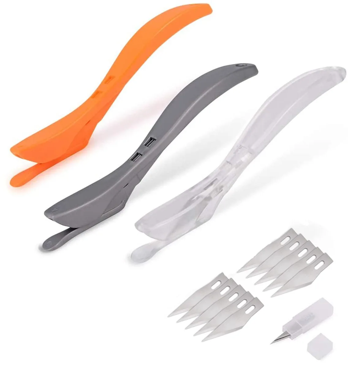 Three multicoloured wrapping paper cutters with concealed blades