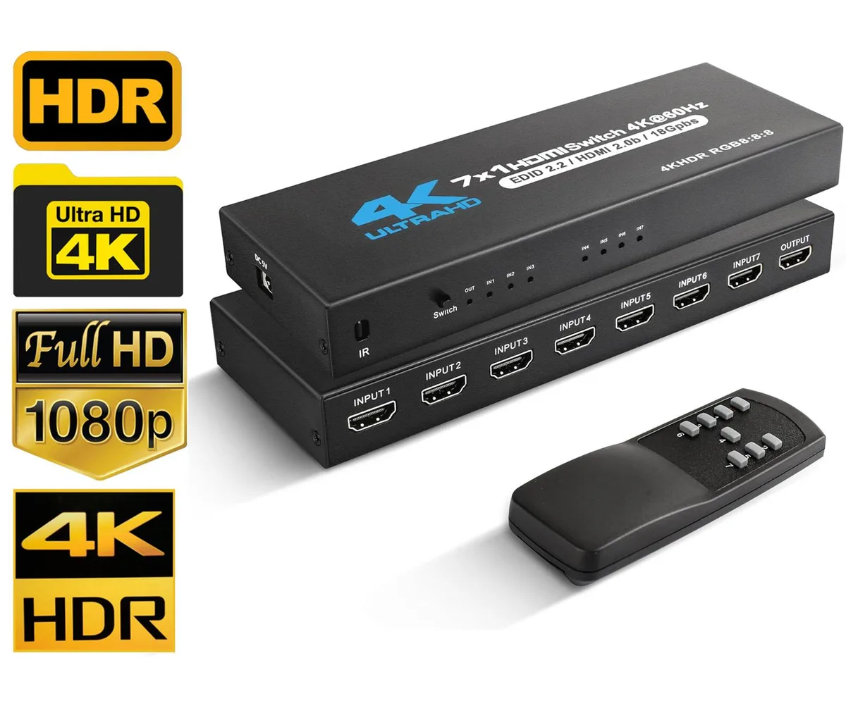 ESTONE ESTONE 7-Port HDMI 2.0 Video Switch 4K@60Hz HDR IR Remote Black — product photo
