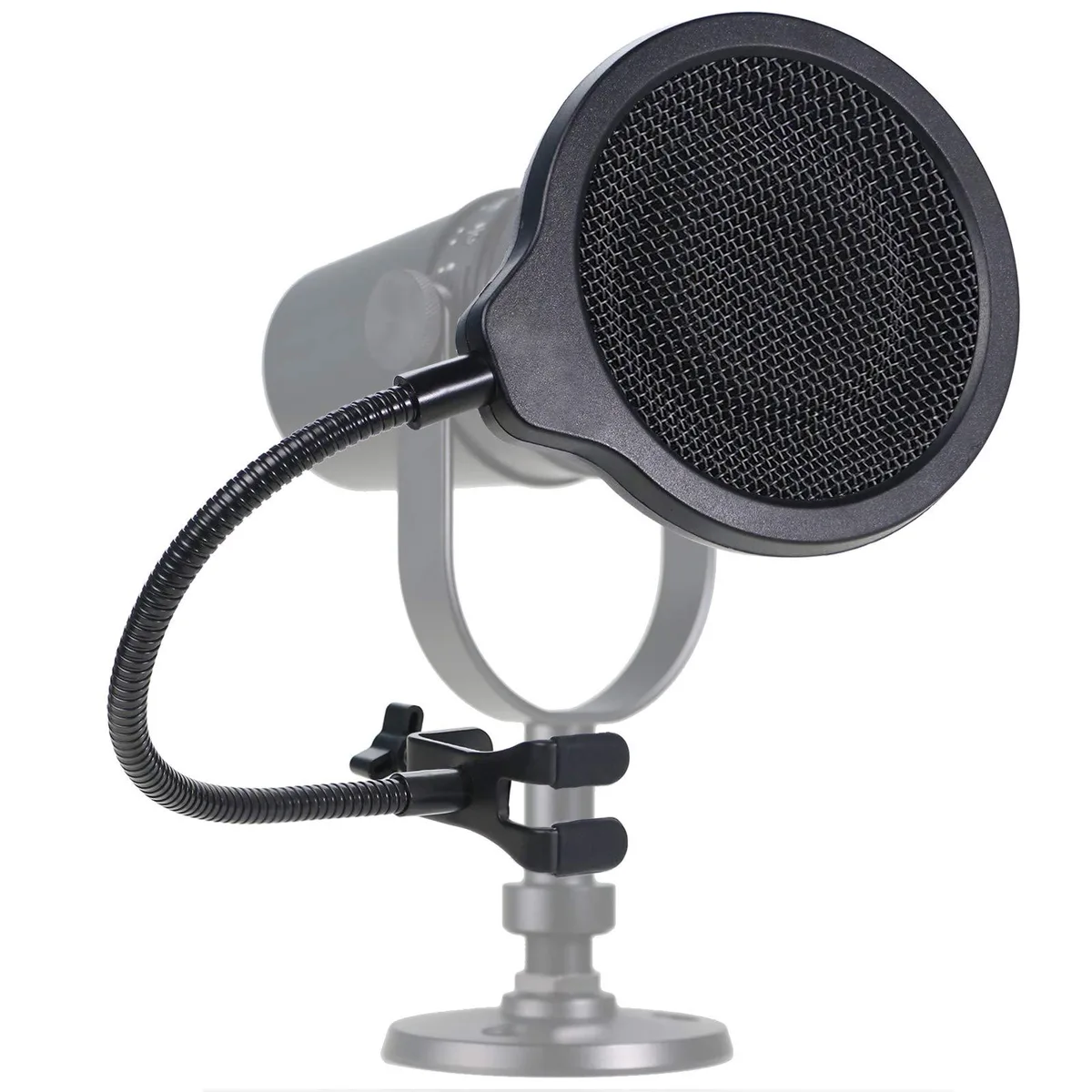 Black metal pop filter with three mesh layers and flexible gooseneck clamp