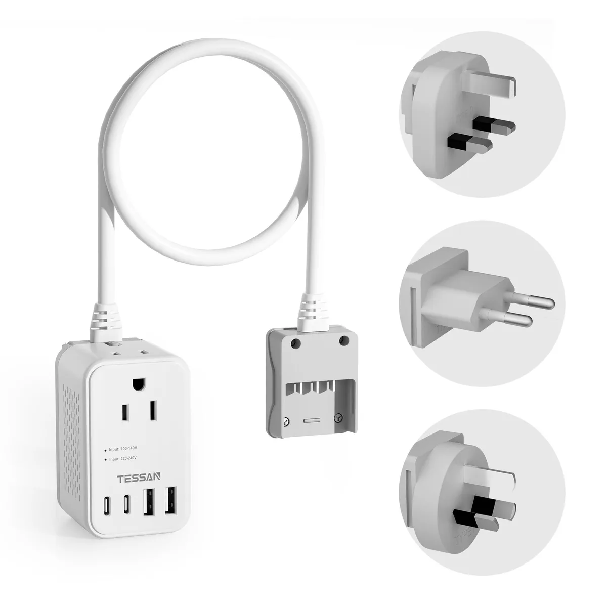 Compact white cube with two AC sockets, two USB-C and two USB-A ports, EU, UK and AU plug adapters attached