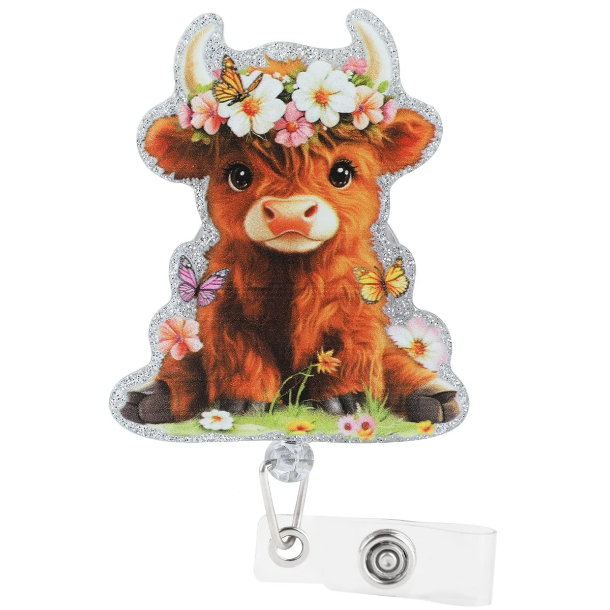  ROLYTA HZJGDN001 Highland Cow Badge Reel Clip 65 cm retractable cord 360° alligator clip — product photo