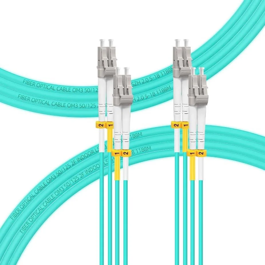 Two aqua duplex fibre patch cables with LC connectors, 10 metre length