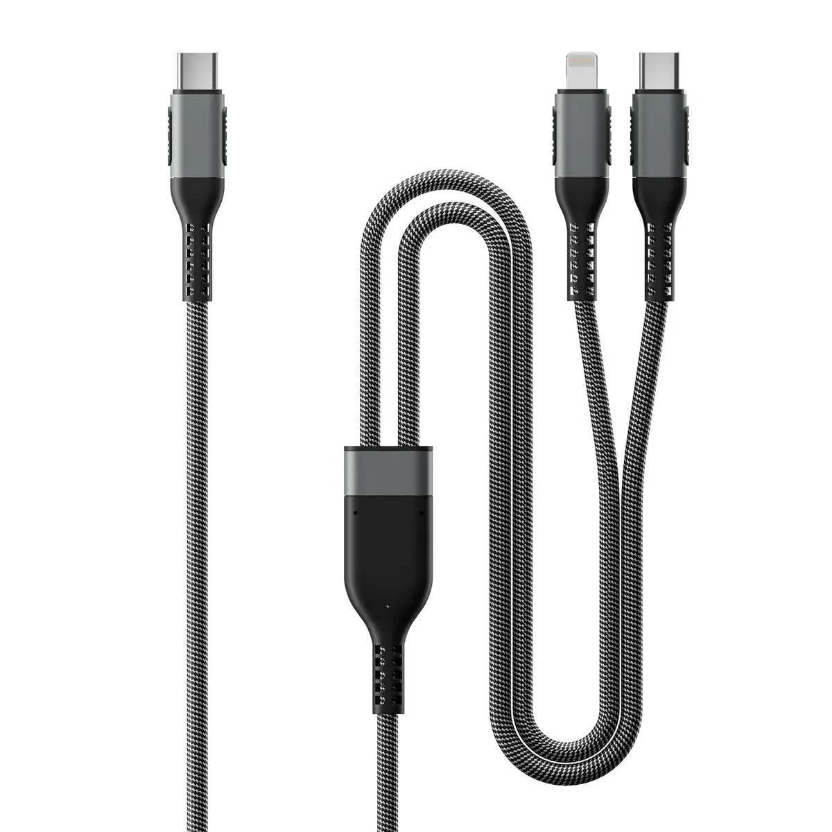 Grey braided 2-in-1 USB-C cable with USB-C and Lightning connectors, four feet long