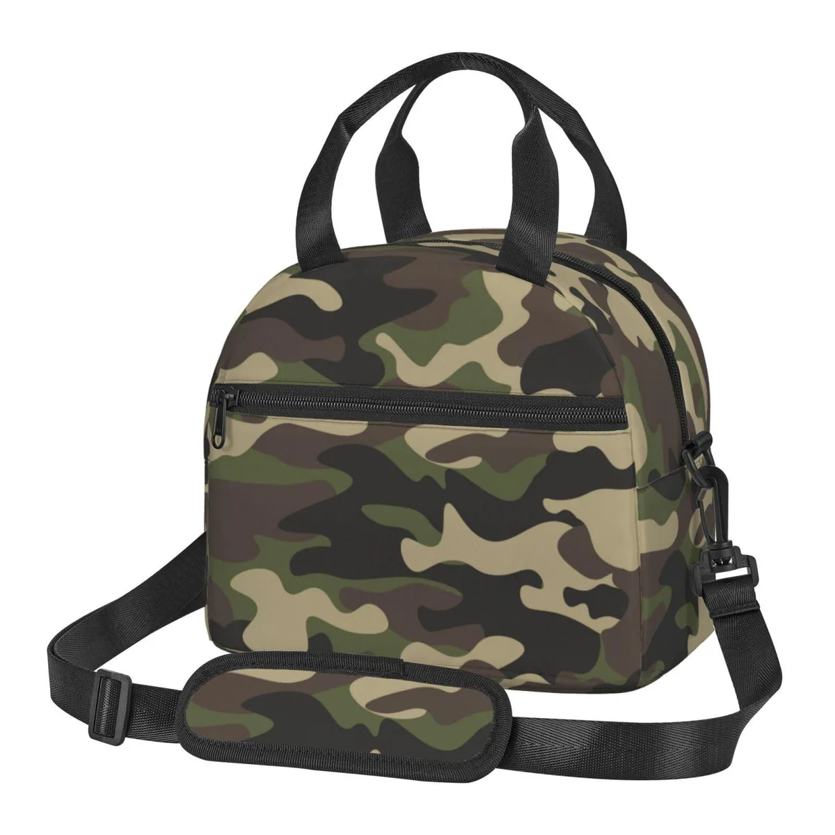 Red insulated lunch bag with adjustable shoulder strap and front zip pocket, flat bottom, soft handles, folds compact