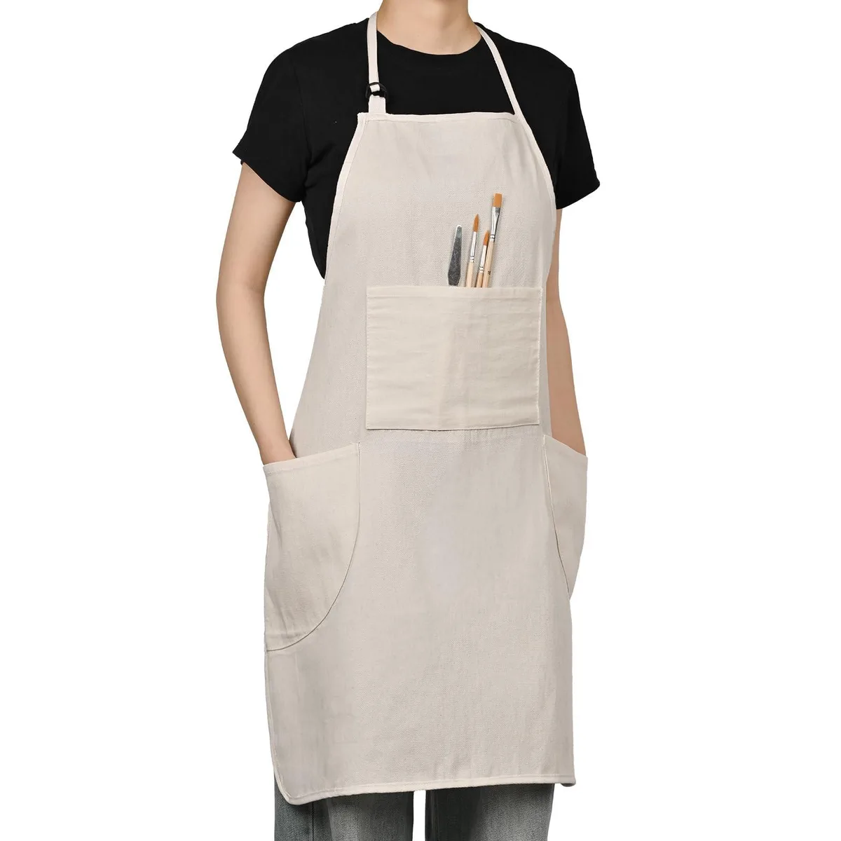 Yellow cotton canvas apron with three large pockets and adjustable neck strap up to 24.4 inches