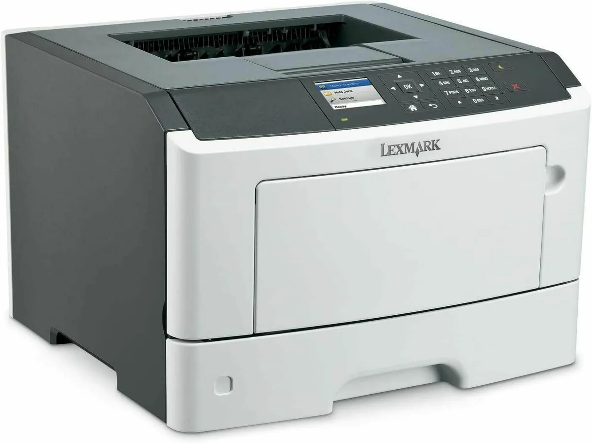 Rectangular grey office laser printer with front paper tray and control panel