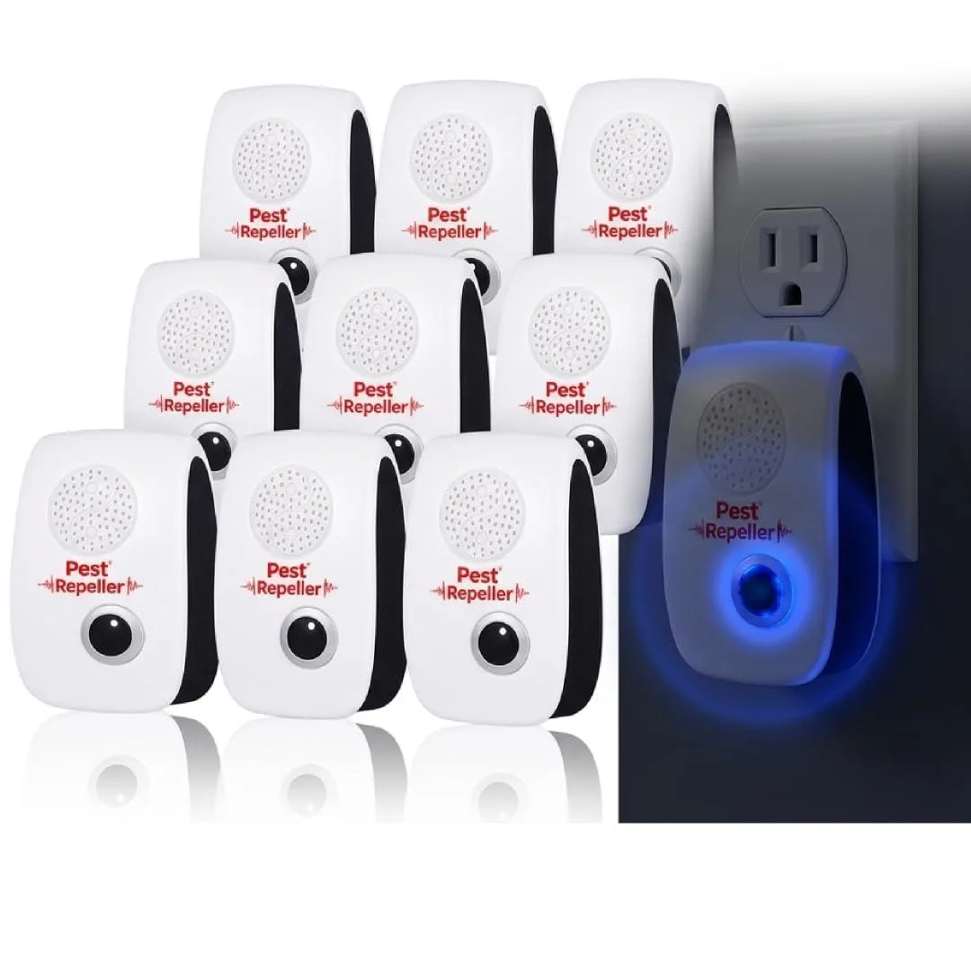 Ten white plug-in ultrasonic pest repellent units on a surface