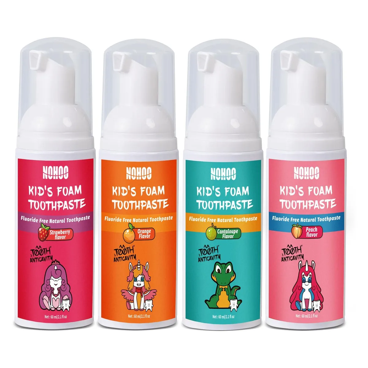 Four multicolour 60ml pump bottles of kids foam toothpaste