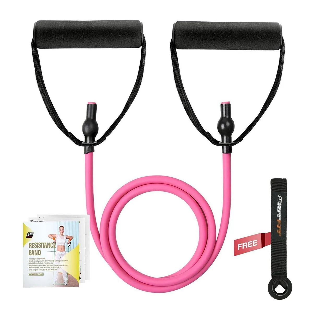 Rose pink resistance tube with cushioned handles and door anchor