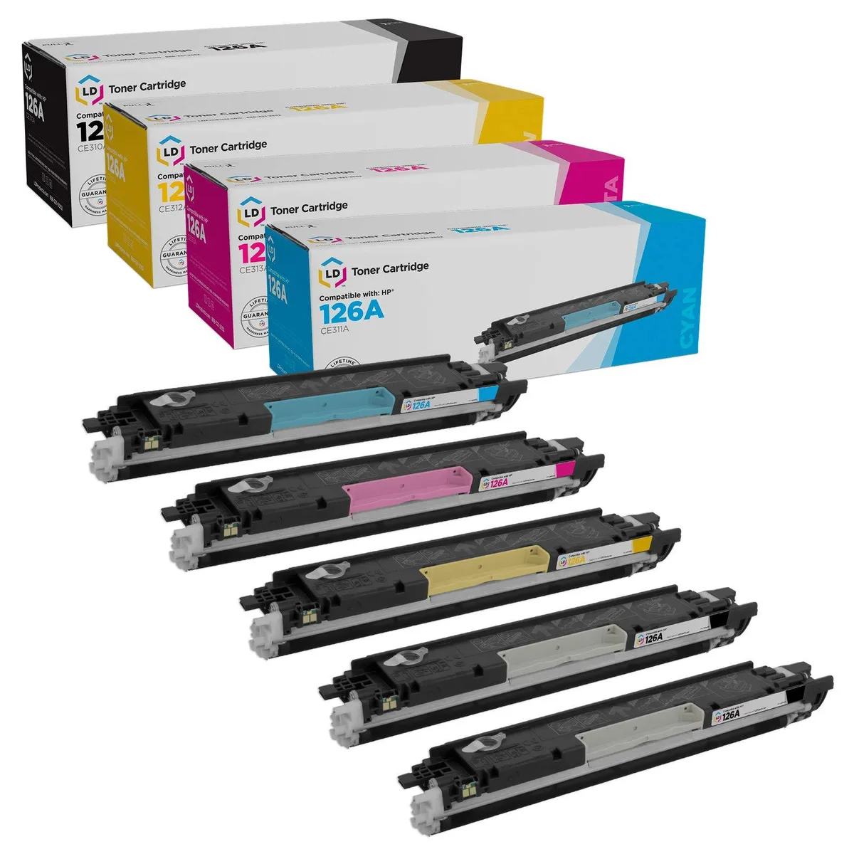 LD Products LD Products 126A 5-pack toner cartridges: 2× CE310A black, CE311A cyan, CE312A yellow, CE313A magenta — product photo