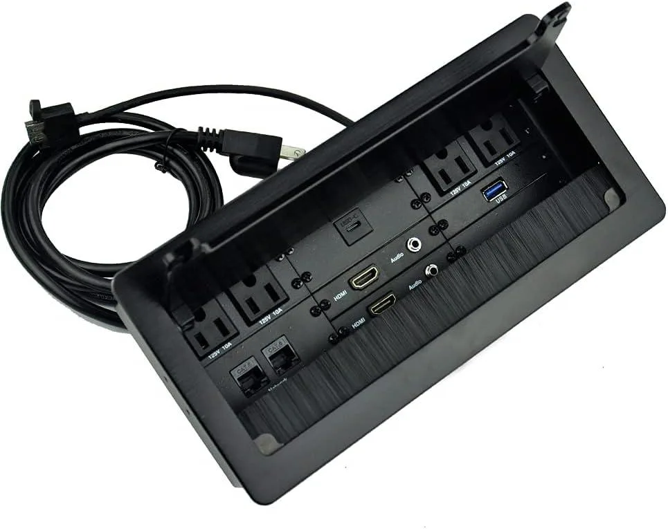 BFKK BFKK Tabletop Multimedia Connectivity Box 4 AC 2 HDMI 2 RJ45 USB3 USB-C 2 Audio 3.5mm Black — product photo