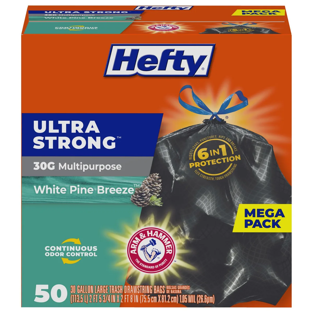 Hefty Ultra Strong 30 Gallon Trash Bags 50 Count Black White Pine Breeze Scent — product photo