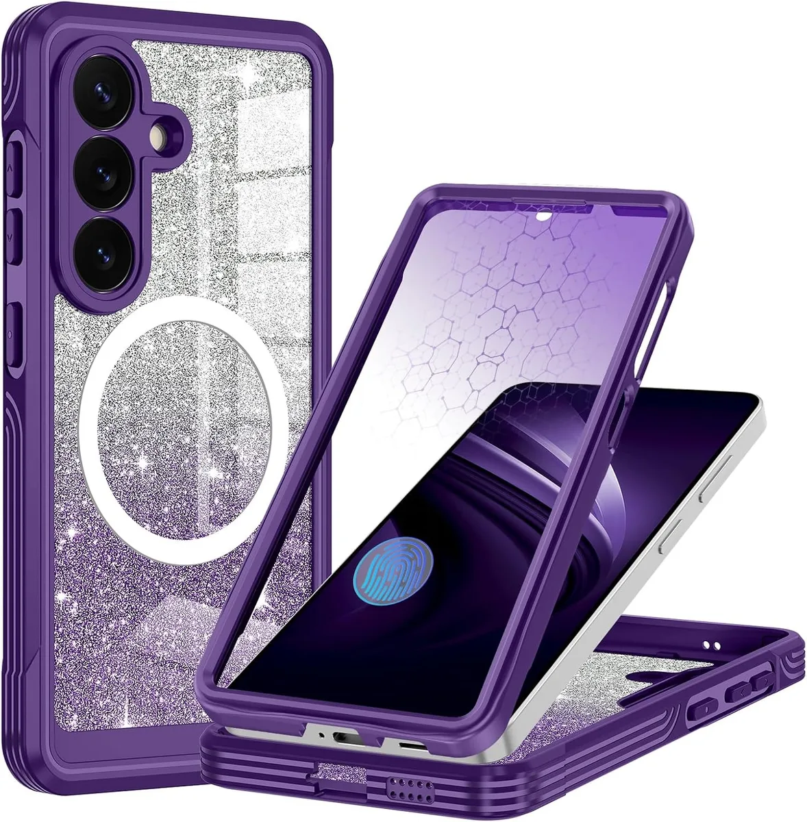 Transcend Transcend Case for Galaxy S26 with 9H Glass Screen Protector 360° Protection 18N MagSafe Glitter Card Purple — product photo