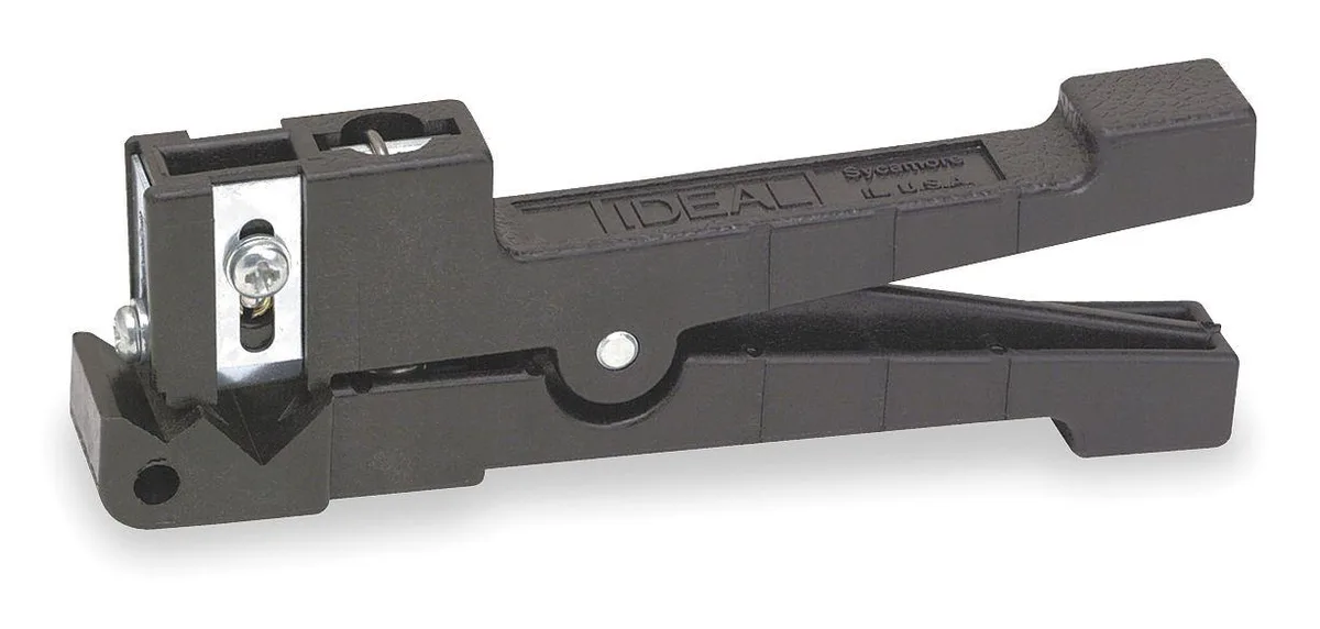 Ideal UTP/STP cable stripper tool, black cushioned handles, rounded slitting blade