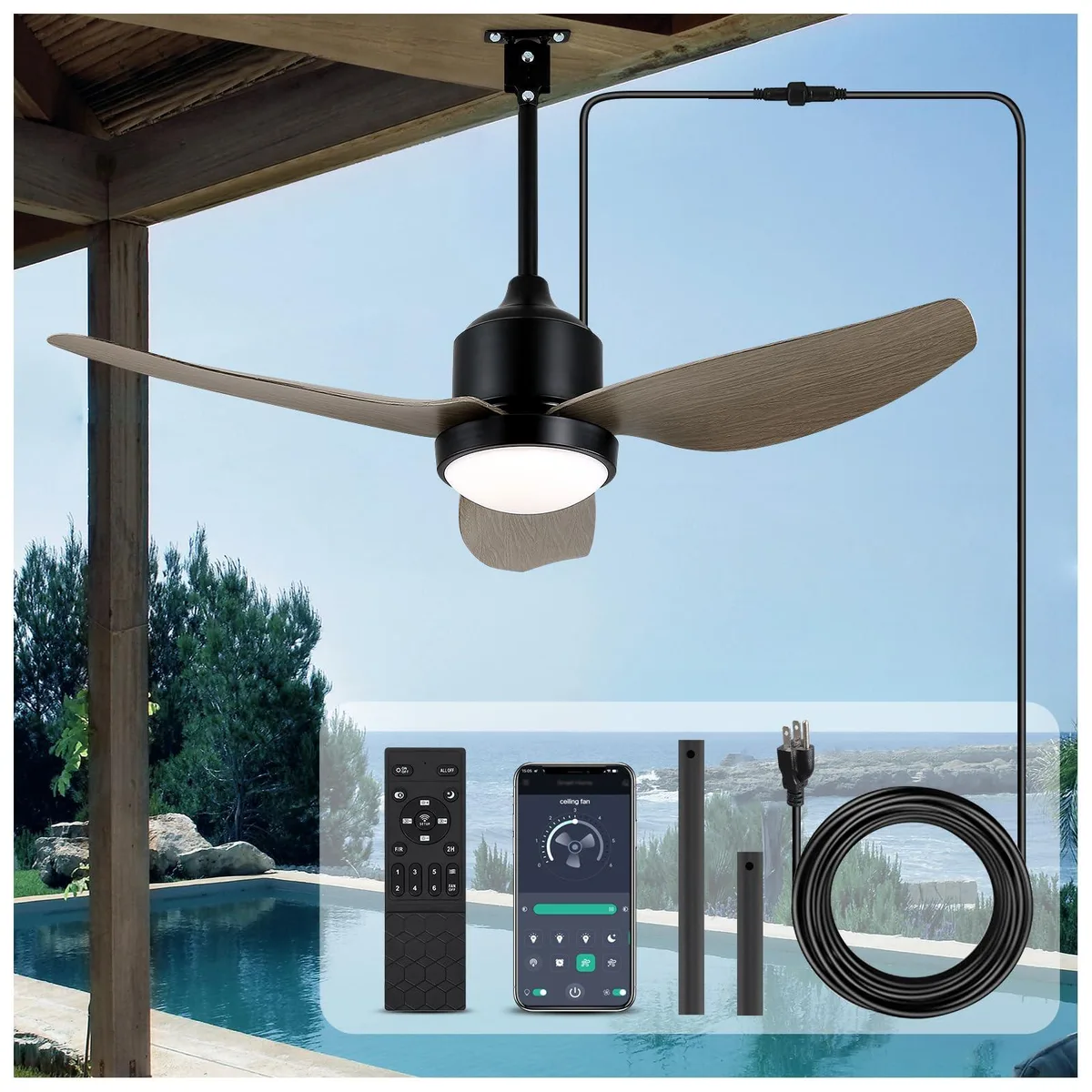  42BW 42" Outdoor Ceiling Fan with Light, 18W DC Motor, 6 Speeds, 3CCT Dimmable LED, App/Remote Control — product photo