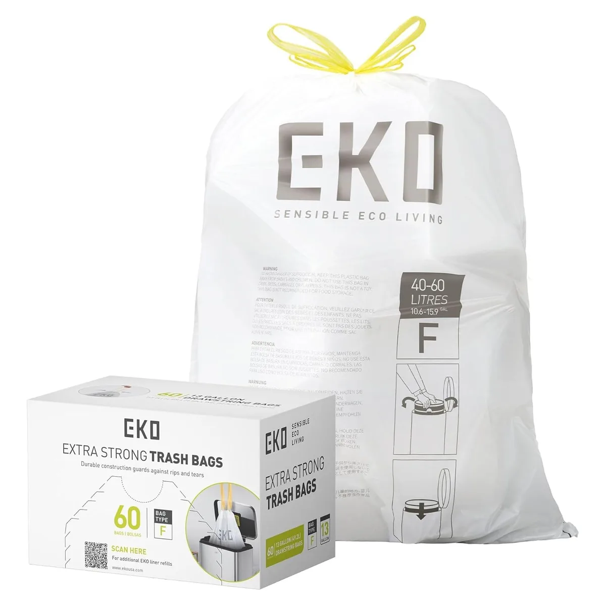 White plastic drawstring kitchen trash bags on easy-dispense roll