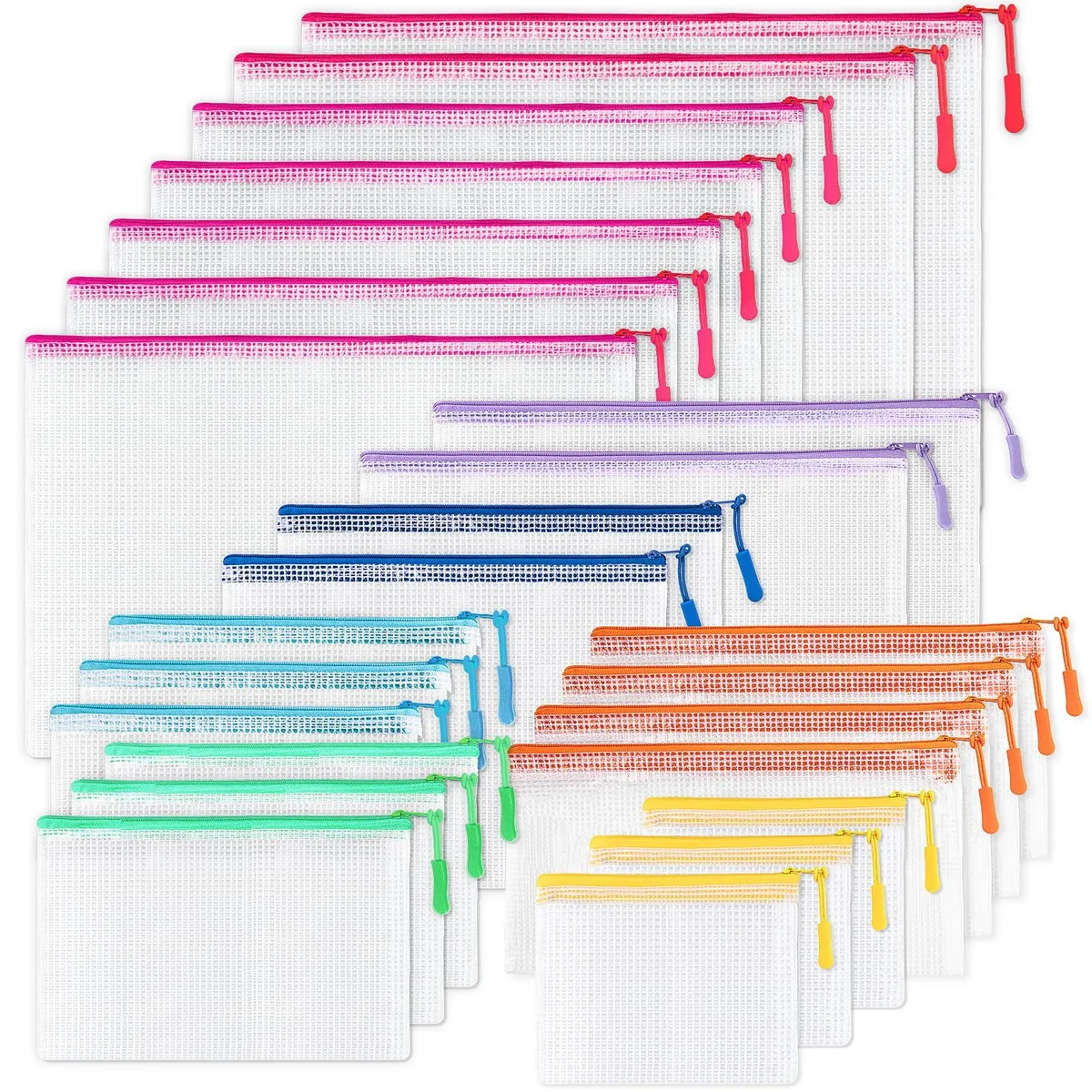 24 clear mesh zipper pouches in assorted sizes and colours, flat rectangular shape, PVC finish