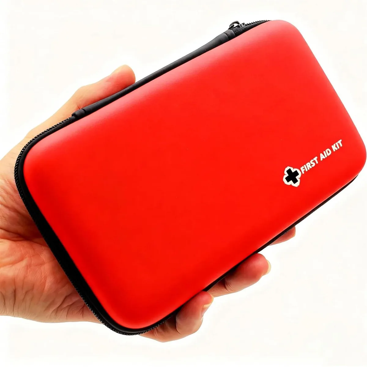 Red rectangular first-aid case with waterproof PU finish, compact hard shell, zip closure, 7.09 x 4.53 x 1.81 inch