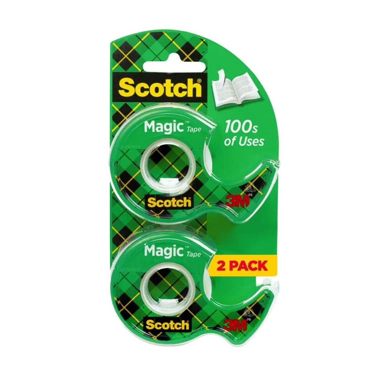 Two clear tape rolls in plastic dispensers, half-inch wide, matte finish