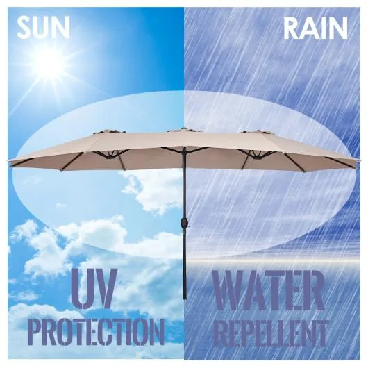 Beige double-sided patio umbrella with crank, 15 ft span, 12 steel ribs, no base
