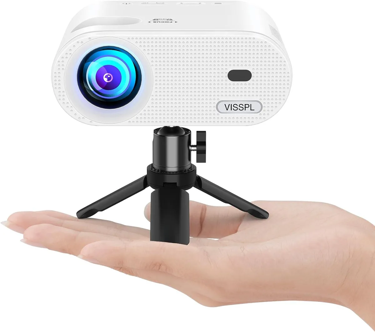 Compact rectangular projector with matte finish and small tripod stand