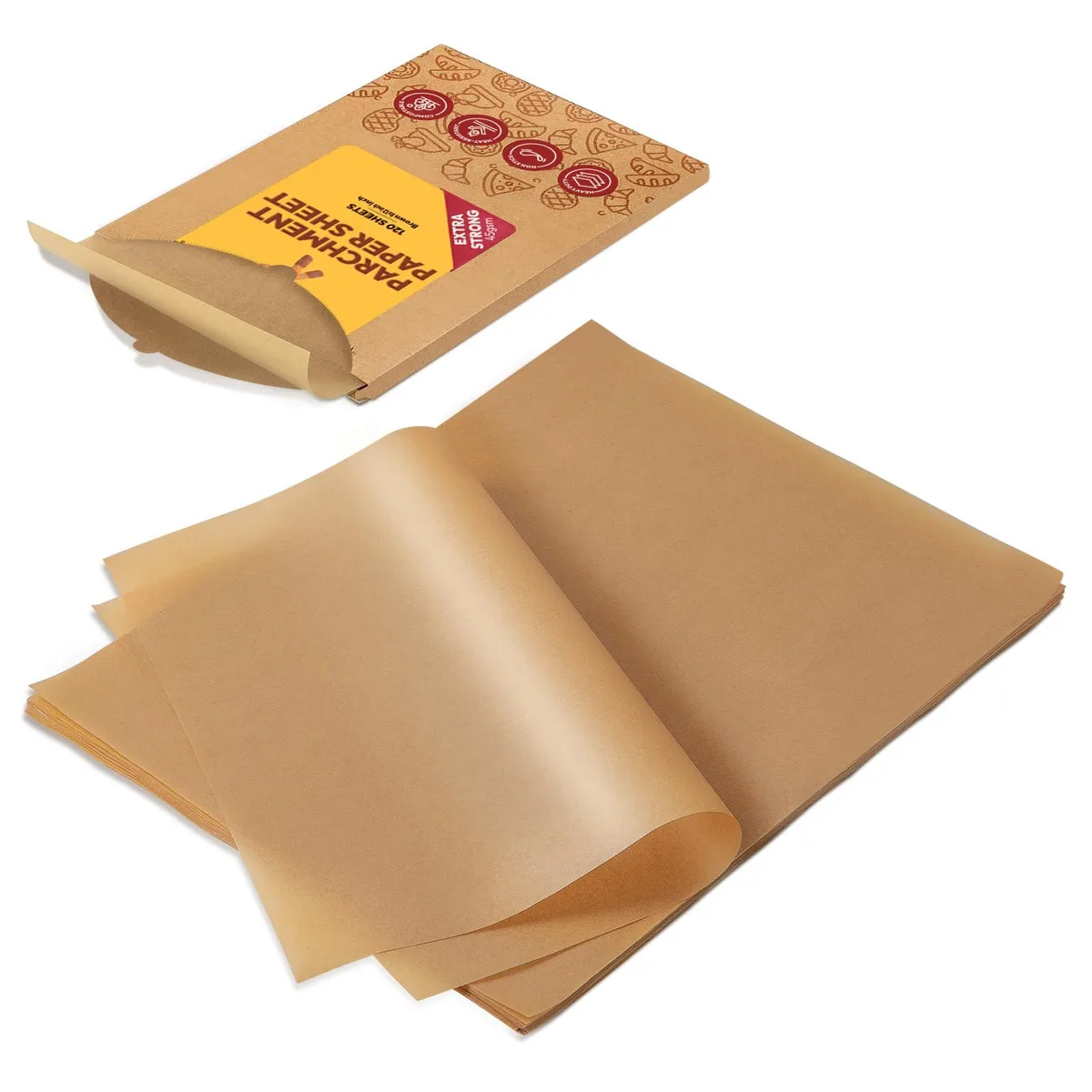 A stack of 120 unbleached parchment sheets, 8 by 12 inches, natural brown finish