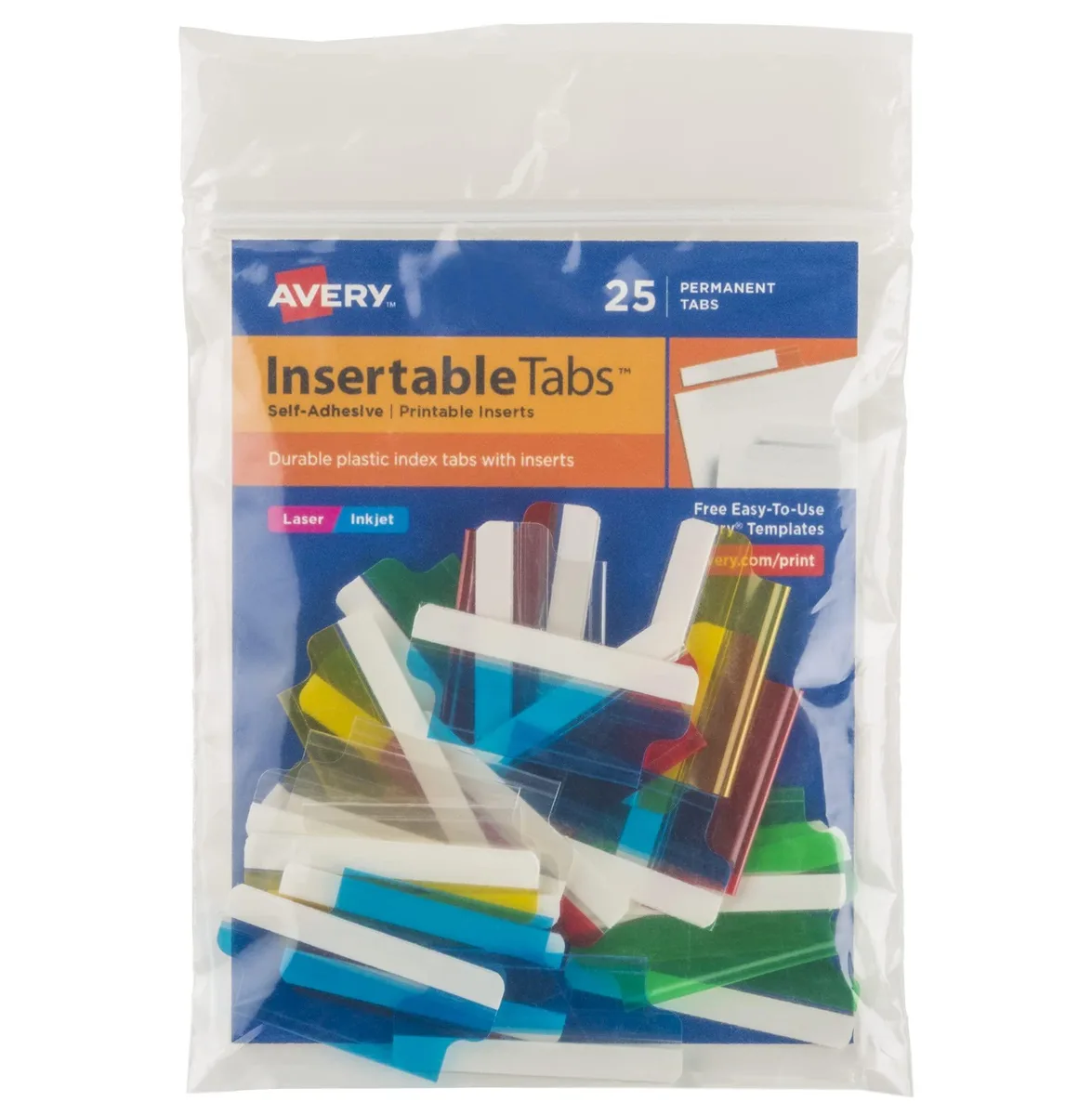 Pack of 25 assorted-color self-adhesive plastic index tabs with printable inserts